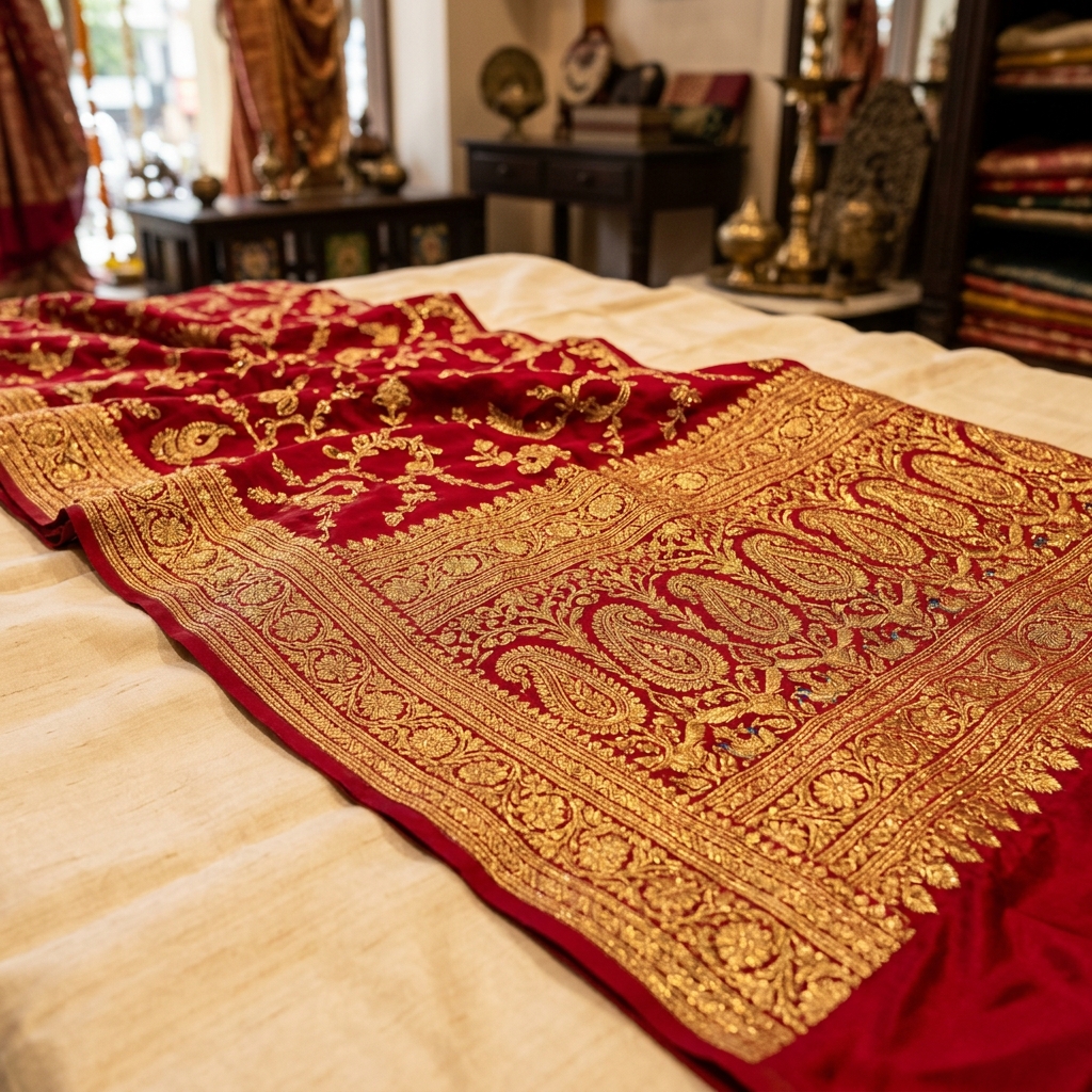 Luxurious Crimson and Gold Handloom Silk Saree