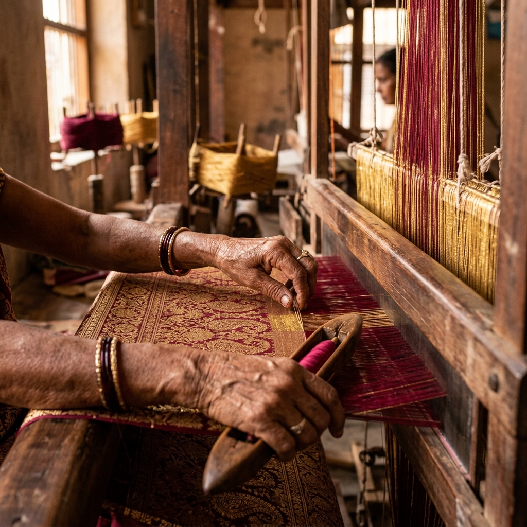 Artisan weaving silk saree on a loom